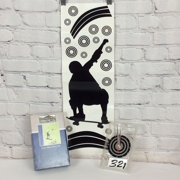 Cobble Creek Boys’ Wall Decor Skateboarder Clock Peal & Stick Sports Black - Picture 1 of 8